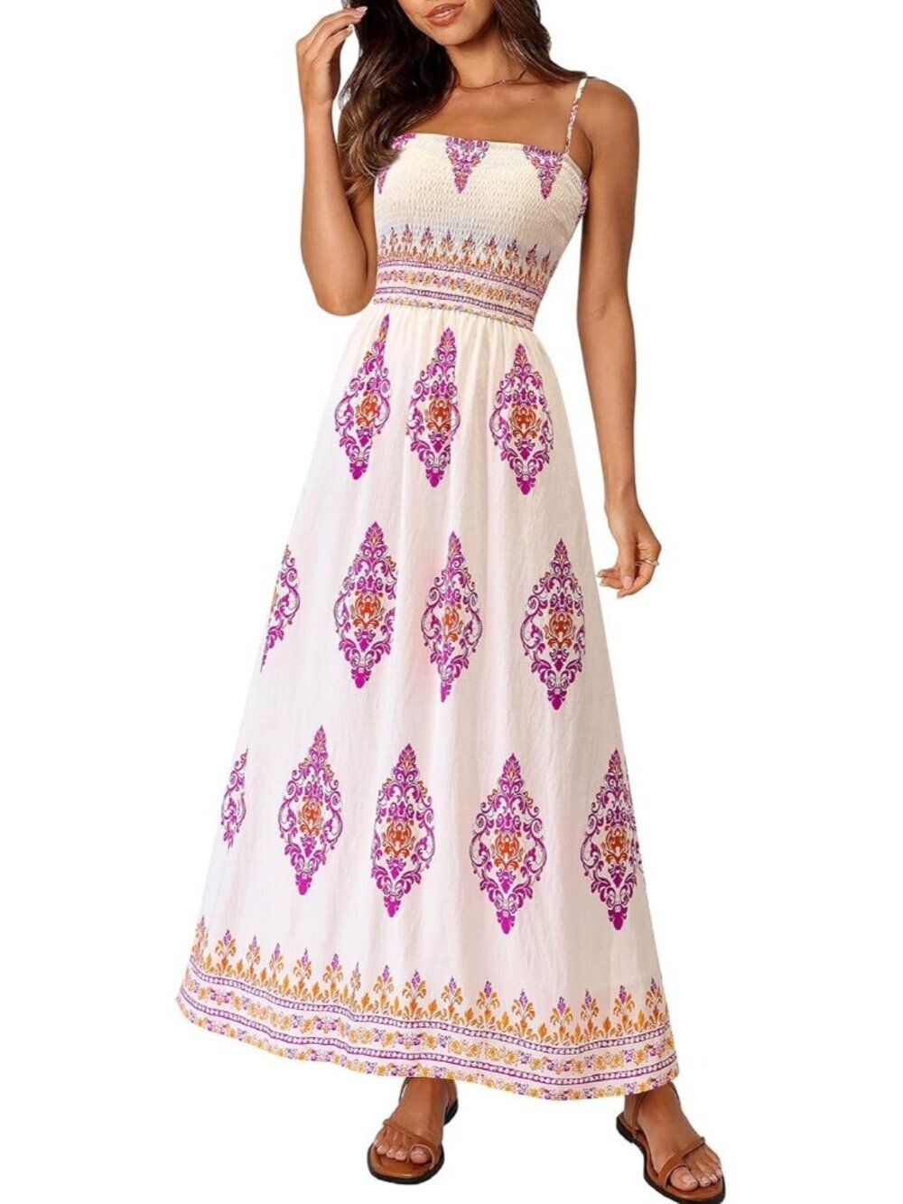 Women's White Red Floral Summer Spaghetti Strap Flowy Beach Vacation Maxi